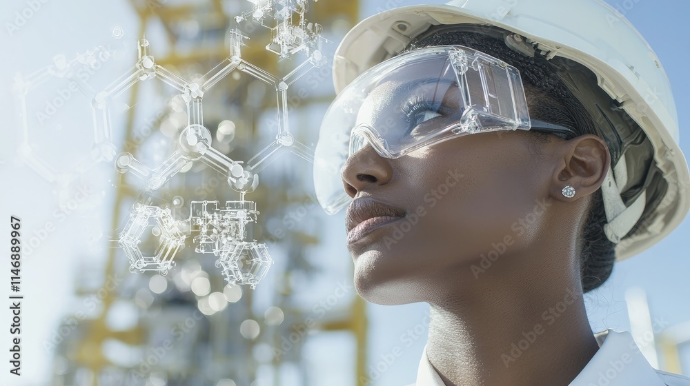 Woman engineer wearing safety glasses and helmet, visualizing chemical structures. Woman engineer wearing safety glasses and helmet, visualizing chemical structures.