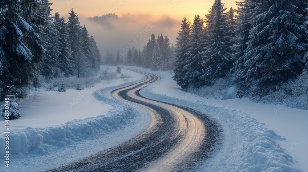 Serene winter road winding through snowy trees. Serene winter road winding through snowy trees.