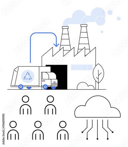 Recycling truck entering factory cloud with network lines, six people. Ideal for sustainability, recycling, industry, technology, teamwork, networking, cloud computing. Line metaphor