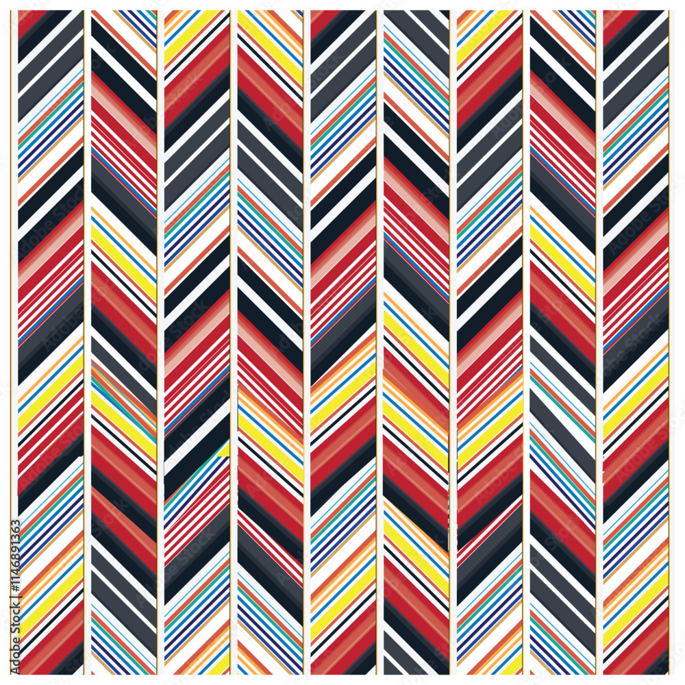 Graphic pattern with colorful diagonal stripes on a series of vertical panels, A striking pattern composed of various colorful stripes, offering a bright and energetic visual experience.