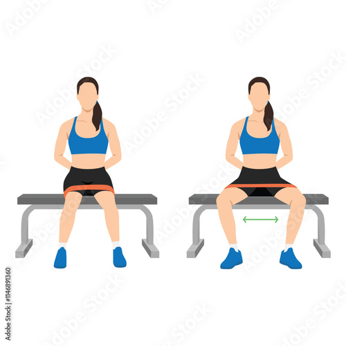 Woman doing resistance band abductor exercise sitting on bench front view. Flat vector illustration isolated on white background