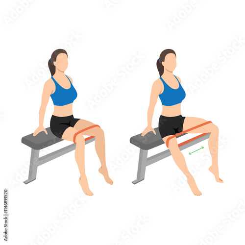 Woman doing resistance band abductor exercise sitting on bench. Flat vector illustration isolated on white background