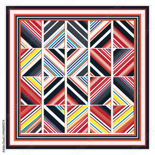 Geometric abstract art with colorful diagonal stripes within a grid, encased by a multi-layered border, square pattern composed of red, yellow, blue, and black stripes arranged in a uniform layout.