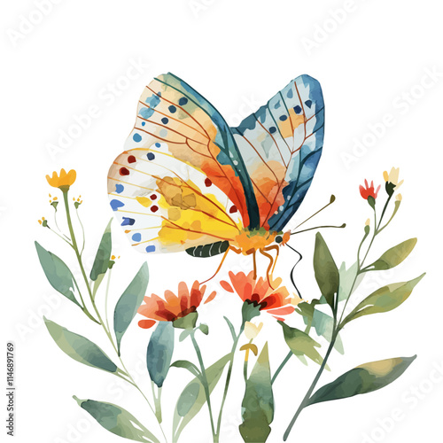 A watercolor drawing of a butterfly resting on a flower in the garden, isolated on a white background. Butterfly vector.
