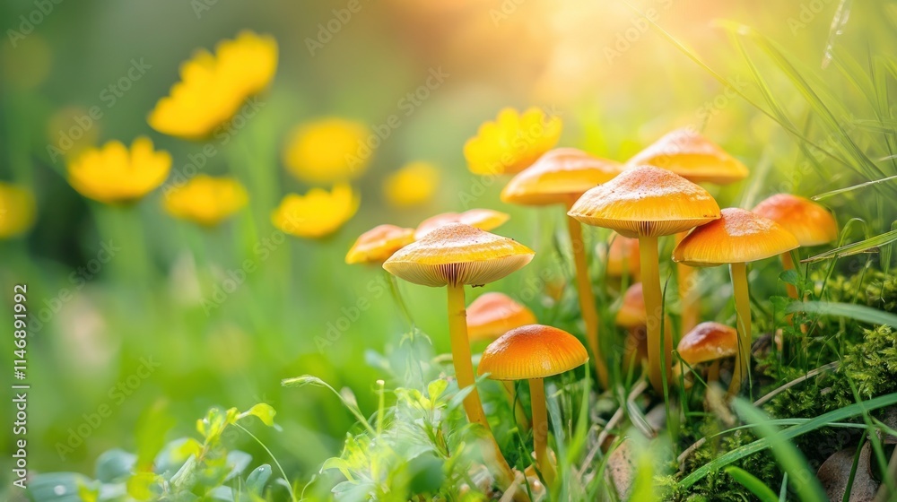 Vibrant orange mushrooms cluster in sunlit meadow with yellow wildflowers. Vibrant orange mushrooms cluster in sunlit meadow with yellow wildflowers.