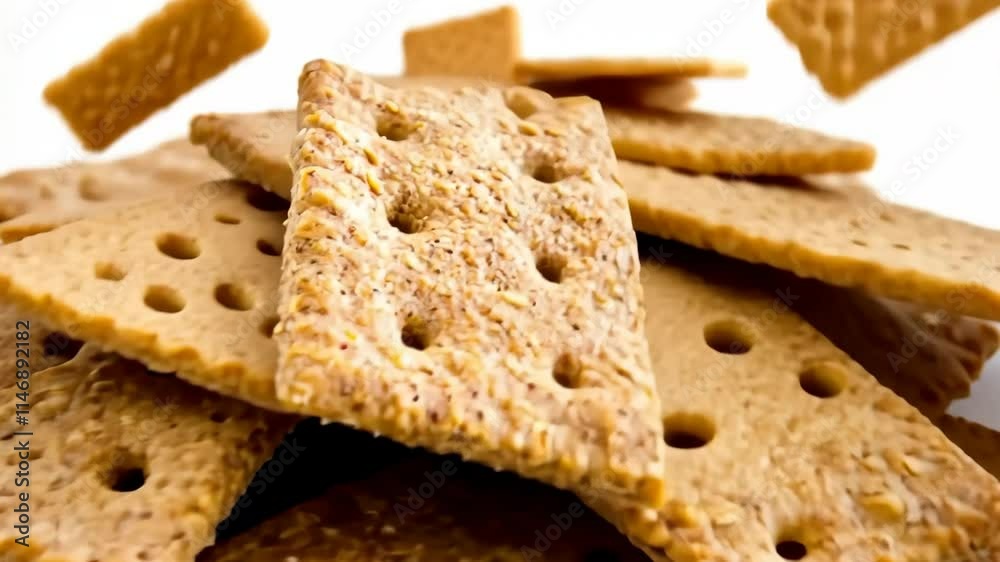 Healthy Crackers Stack. Brown crackers pile topped with seeds. Wholemeal salt cracker heap. Snack plate of golden crispy cookies on a table. Multigrain flatbread. Delicious salty biscuit, hardtack