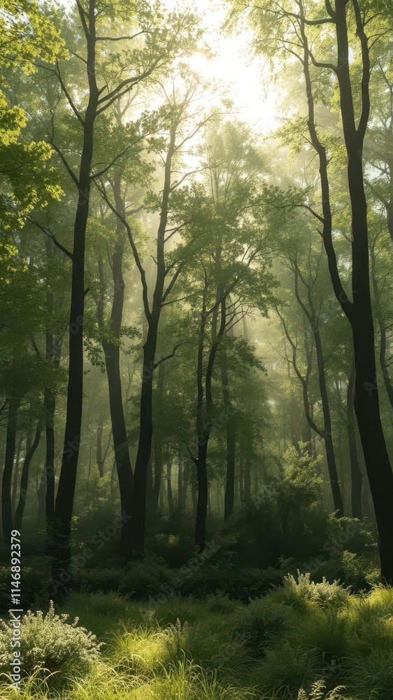 Naklejka premium Misty green forest, sunlight filtering through dense canopy, atmosphere, shadows, nature