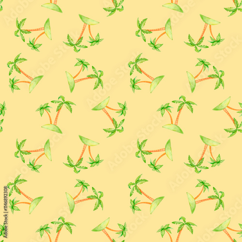 A tropical palm pattern, evoking sunny days and island adventures. This watercolor illustration is perfect for vacation-themed crafts, beach weddings, and resort decor. photo