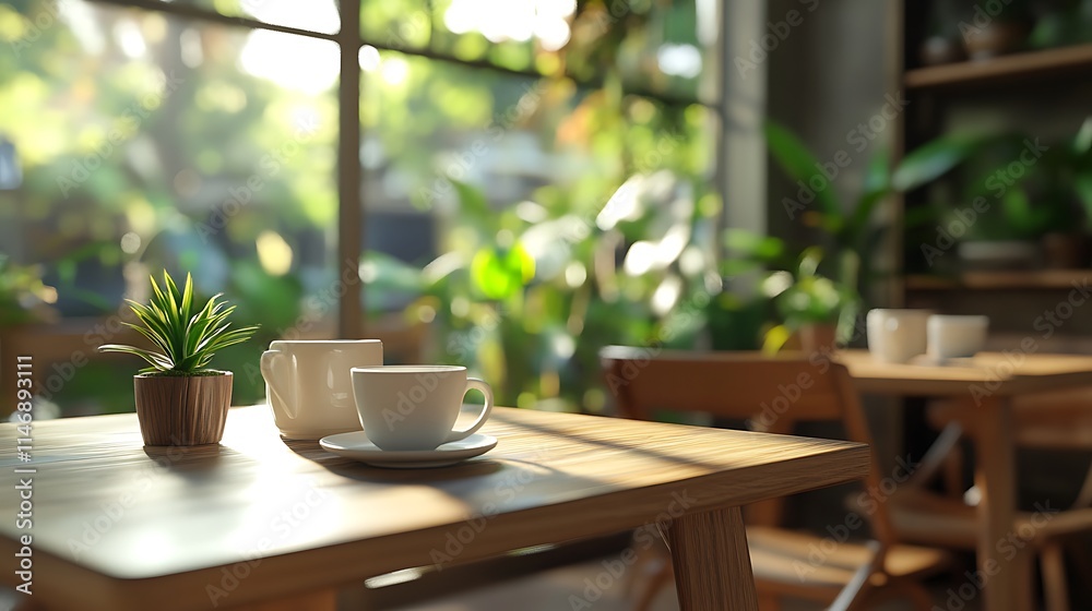 Two White Coffee Cups on a Wooden Table in a Cafe Setting Two White Coffee Cups on a Wooden Table in a Cafe Setting