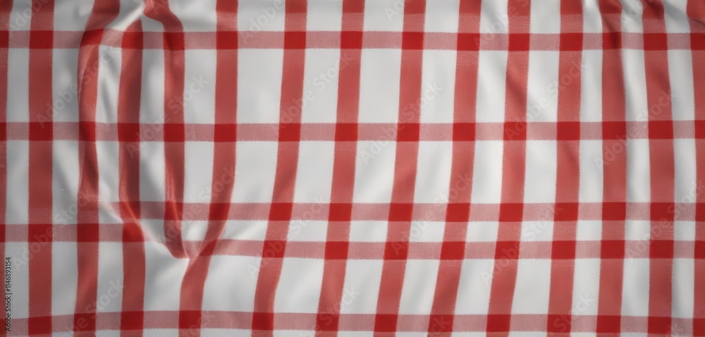 Red and white checkered tablecloth overhead view, ample blank space , food, design Red and white checkered tablecloth overhead view, ample blank space , food, design
