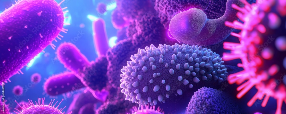 Naklejka premium A vibrant, close-up view of colorful microorganisms, showcasing their unique shapes and textures in a dynamic aquatic environment.