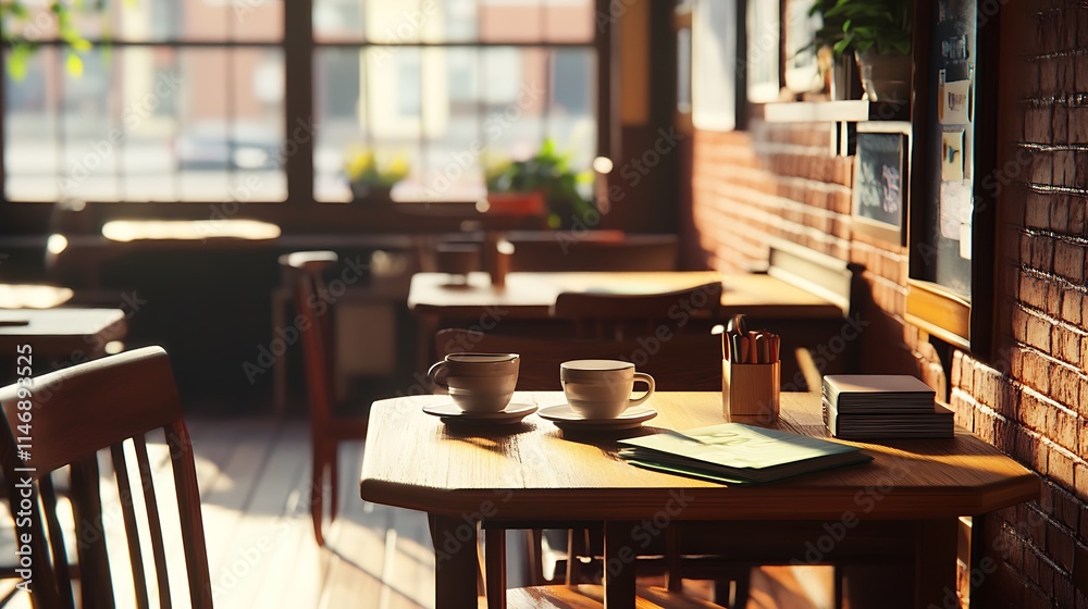 Two Coffee Cups on a Wooden Table in a Cafe with Brick Wall Two Coffee Cups on a Wooden Table in a Cafe with Brick Wall