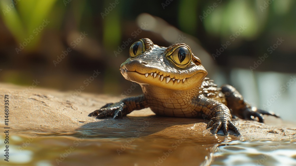 Obraz premium A small alligator with a big smile on its face is sitting in a pond. The frog has a mouth full of teeth and he is enjoying the water