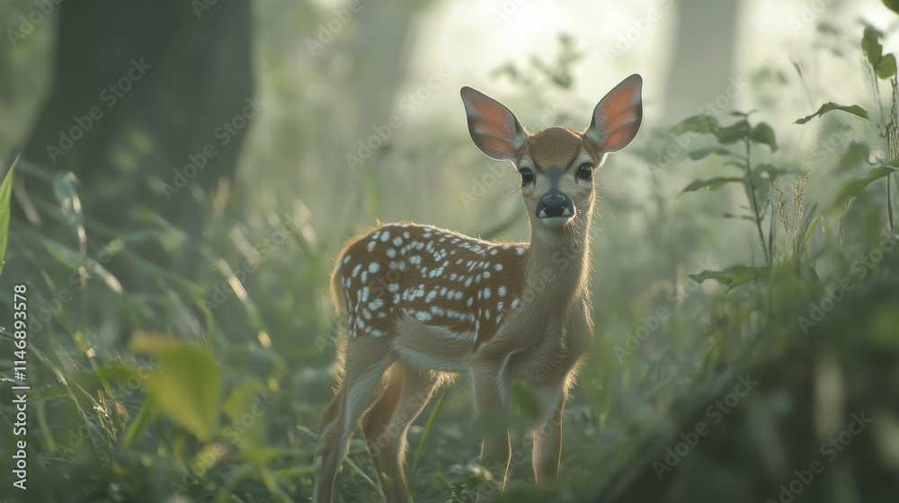 A baby deer is standing in a field of grass. The deer is small and has white spots on its body. The image has a peaceful and serene mood, as the deer is standing alone in a quiet, natural setting A baby deer is standing in a field of grass. The deer is small and has white spots on its body. The image has a peaceful and serene mood, as the deer is standing alone in a quiet, natural setting