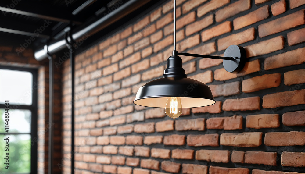 modern black metal loft style lamp and red brick wall modern black metal loft style lamp and red brick wall