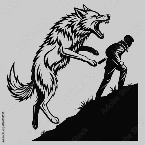 Wolf jump a hunter silhouette vector design art and illustration
