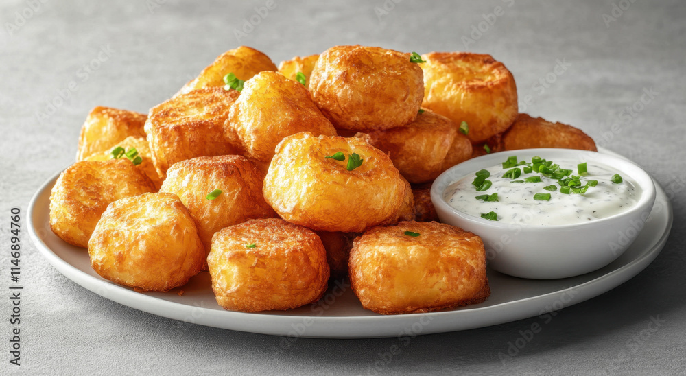 Crispy golden potato bites are piled high on a plate, garnished with green herbs. A small bowl of creamy dipping sauce sits nearby, enhancing the tasty presentation. Crispy golden potato bites are piled high on a plate, garnished with green herbs. A small bowl of creamy dipping sauce sits nearby, enhancing the tasty presentation.
