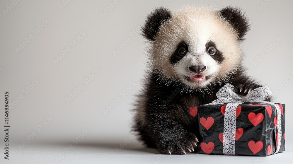 Adorable black and white panda cub wearing a white T-shirt with a red heart, sitting beside a black gift box decorated with red heart patterns and tied with a white ribbon. Adorable black and white panda cub wearing a white T-shirt with a red heart, sitting beside a black gift box decorated with red heart patterns and tied with a white ribbon.