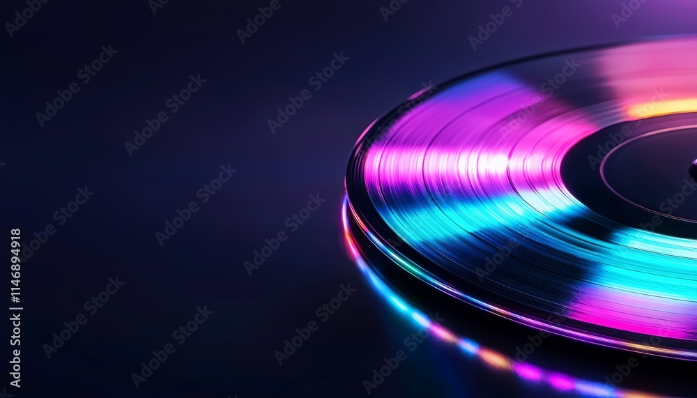 A vibrant close-up of a vinyl record reflecting colorful lights against a dark background, evoking a retro and musical ambiance. A vibrant close-up of a vinyl record reflecting colorful lights against a dark background, evoking a retro and musical ambiance.