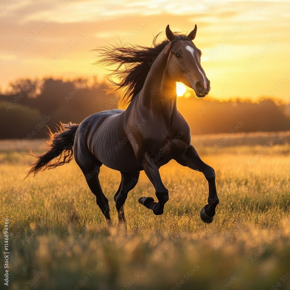 A horse is running in a field with the sun setting in the background. The horse is the main focus of the image, and the sun's rays create a warm and peaceful atmosphere A horse is running in a field with the sun setting in the background. The horse is the main focus of the image, and the sun's rays create a warm and peaceful atmosphere