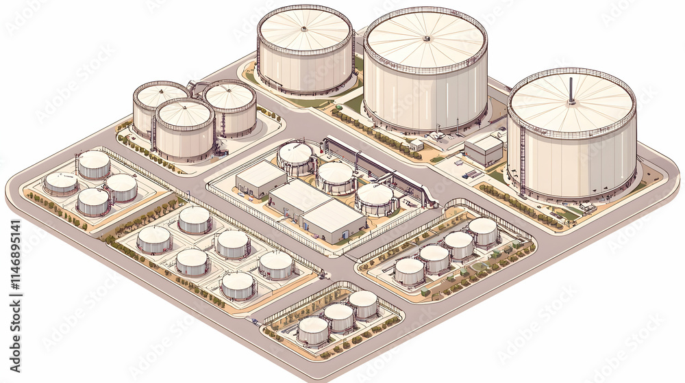 Aerial view of an industrial facility with storage tanks and processing units.