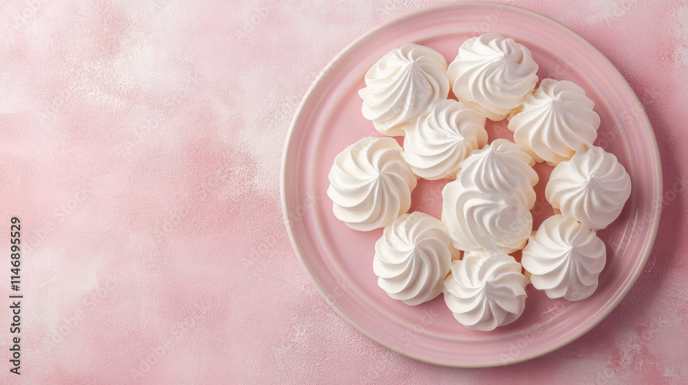A collection of light, fluffy meringue cookies is artfully arranged on a pastel pink plate. These sweet treats are ideal for dessert tables or special occasions. A collection of light, fluffy meringue cookies is artfully arranged on a pastel pink plate. These sweet treats are ideal for dessert tables or special occasions.