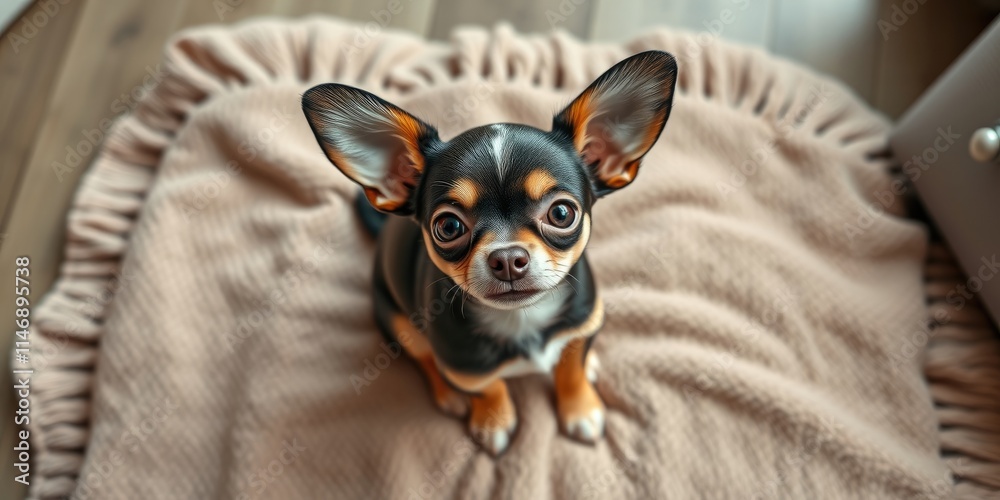 A tiny chihuahua puppy with large ears sits on a soft blanket in a warm and inviting home environment, displaying an adorable expression and bright eyes A tiny chihuahua puppy with large ears sits on a soft blanket in a warm and inviting home environment, displaying an adorable expression and bright eyes