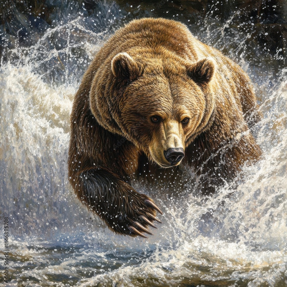 A bear is running through the water, splashing and creating a sense of movement and energy. The image captures the wild and untamed nature of the bear, as it navigates through the water with grace A bear is running through the water, splashing and creating a sense of movement and energy. The image captures the wild and untamed nature of the bear, as it navigates through the water with grace