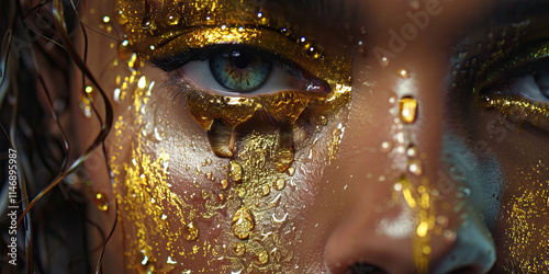 Close-up of Face with Gold Glitter and Liquid Makeup