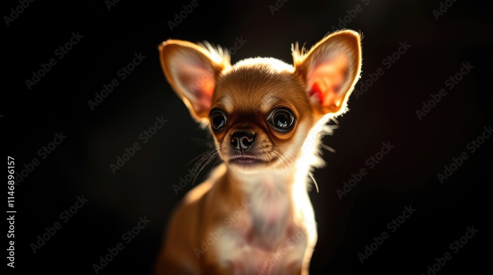 A tiny chihuahua puppy stands alert, showcasing its large eyes and delicate features. The soft lighting highlights its fur while creating a charming atmosphere A tiny chihuahua puppy stands alert, showcasing its large eyes and delicate features. The soft lighting highlights its fur while creating a charming atmosphere