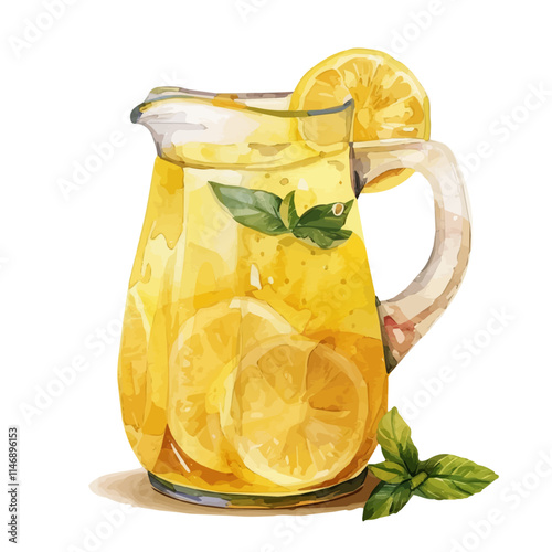 A watercolor vector of a cheerful summer lemonade pitcher, isolated on a white background. Lemonade pitcher summer vector.

