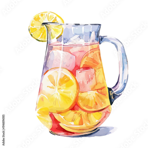 A watercolor vector of a cheerful summer lemonade pitcher, isolated on a white background. Lemonade pitcher summer vector.
