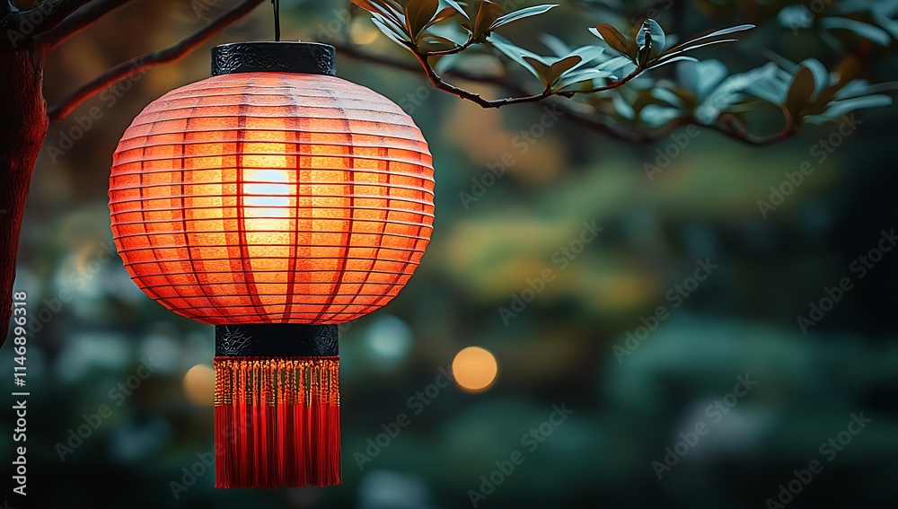 Obraz premium A Round Orange Lantern from a Tree.