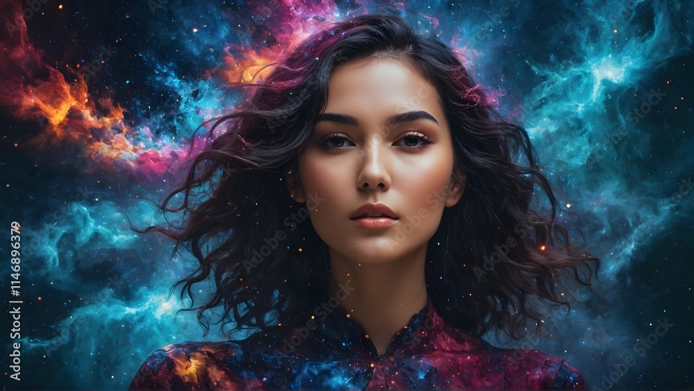 Stunning Fantasy Portrait of Beautiful Woman Blended with Vibrant Digital Paint Splashes and Cosmic Nebula
Stunning Fantasy Portrait of Beautiful Woman Blended with Vibrant Digital Paint Splashes and Cosmic Nebula