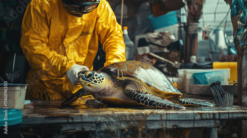 Conservationist in yellow gear tending to sea turtle in a rescue center photo