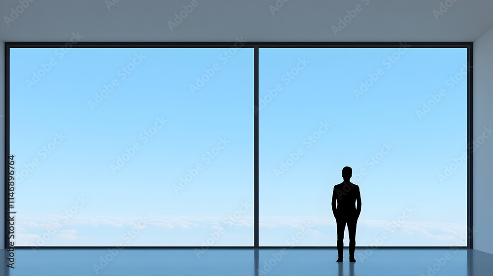 Fototapeta premium An abstract figure of a person standing in front of a large window with a view, symbolizing peaceful moments. Peaceful view minimalist.