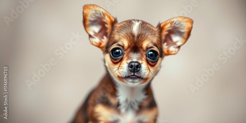 A tiny chihuahua puppy with a shiny coat and large, expressive eyes sits calmly in a warm, inviting indoor space, radiating cuteness and curiosity