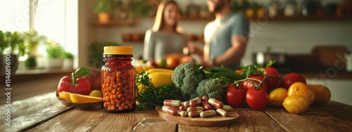 Vegetables and diet pills on the table in the kitchen. Selective focus