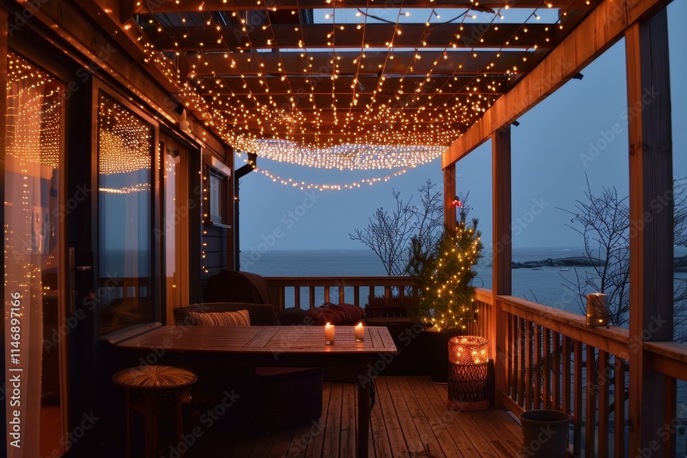 Beautiful balcony adorned with fairy lights overlooking the serene sea at sunset with a cozy ambiance Beautiful balcony adorned with fairy lights overlooking the serene sea at sunset with a cozy ambiance