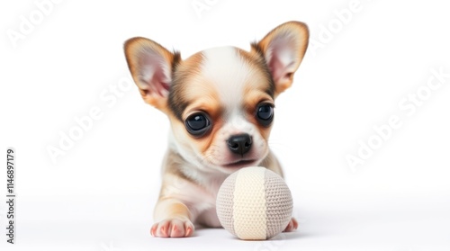 A tiny chihuahua puppy sits curiously, holding a soft ball in front of it. With large expressive eyes, the puppy appears playful and engaged in an indoor activity