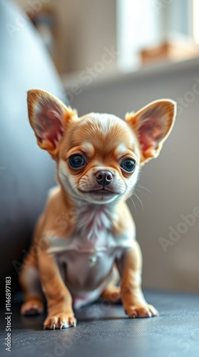 A tiny chihuahua puppy sits comfortably on a couch, gazing curiously at its surroundings. Its expressive eyes and playful demeanor capture a sense of joy and innocence