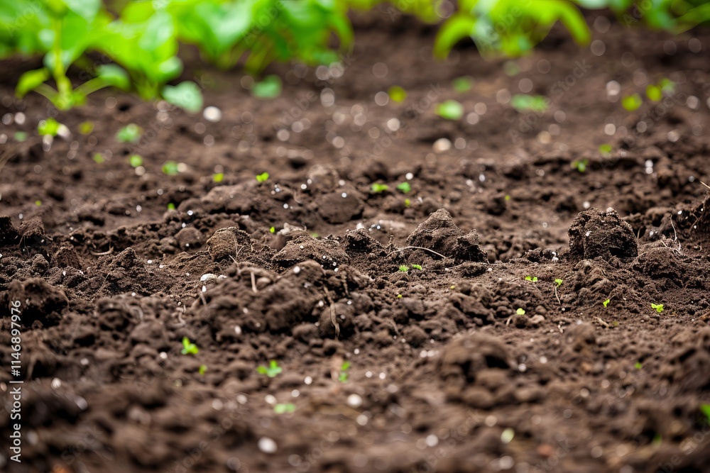 Freshly tilled soil in a garden, ready for planting, with green plants visible in the background. Freshly tilled soil in a garden, ready for planting, with green plants visible in the background.