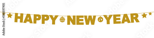Golden garland with Happy New Year text balls and stars decoration isolated