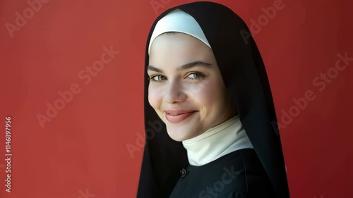 young beautiful woman nun in black clothes on red background
