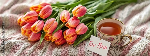 cup of tea and tulips note with text and mom photo