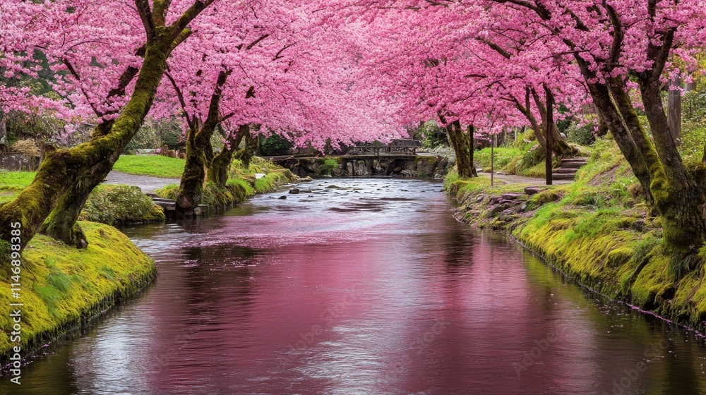 A serene landscape featuring cherry blossom trees by a tranquil stream. A serene landscape featuring cherry blossom trees by a tranquil stream.
