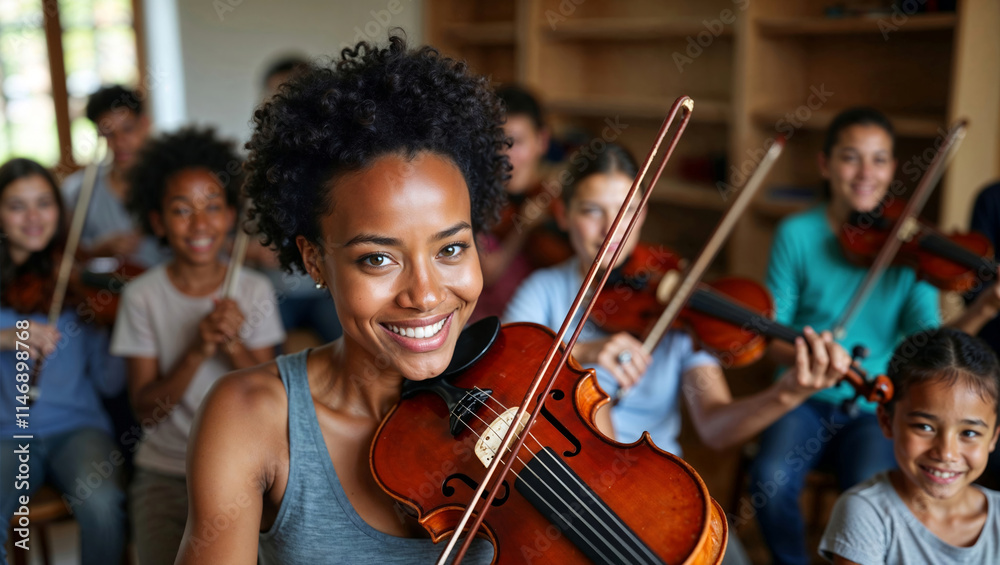 Close-up of smiling African-American woman playing violin in classroom, group of diverse young students of different ages and genres taking violin lesson, learning new musical skills or new hobby Close-up of smiling African-American woman playing violin in classroom, group of diverse young students of different ages and genres taking violin lesson, learning new musical skills or new hobby