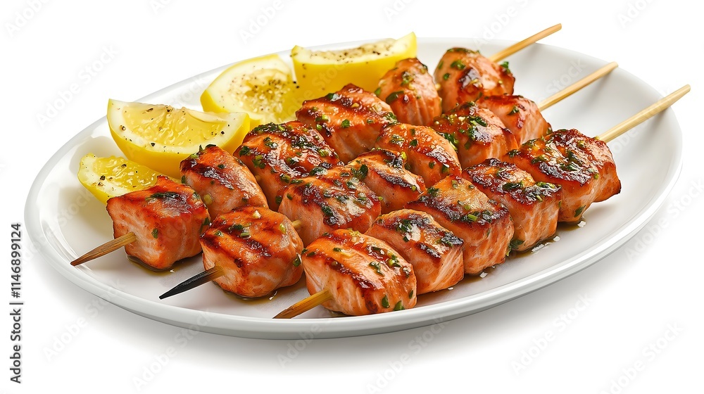 A plate of grilled salmon skewers with a citrus glaze, served with lemon wedges, grilled salmon skewers, seafood barbecue. A plate of grilled salmon skewers with a citrus glaze, served with lemon wedges, grilled salmon skewers, seafood barbecue.