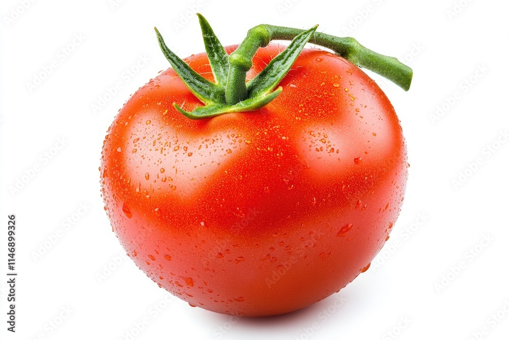 A perfectly ripe red tomato with a green stem, isolated on a white background A perfectly ripe red tomato with a green stem, isolated on a white background