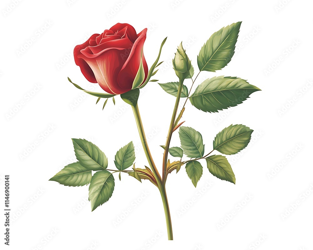 Red rose bud with leaves and stem, isolated on white background, vector illustration, detailed. Red rose bud with leaves and stem, isolated on white background, vector illustration, detailed.